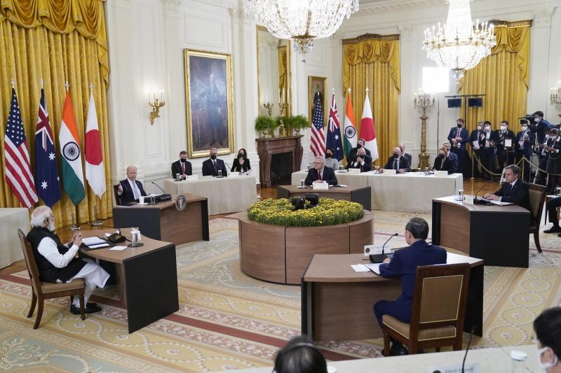 President Joe Biden speaks during the Quad summit in the East Room of the White House, Friday, Sept. 24, 2021, in Washington. Seated clockwise from left, Indian Prime Minister Narendra Modi, Biden, Australian Prime Minister Scott Morrison, Secretary of State Antony Blinken and Japanese Prime Minister Yoshihide Suga. (AP/PTI Photo)